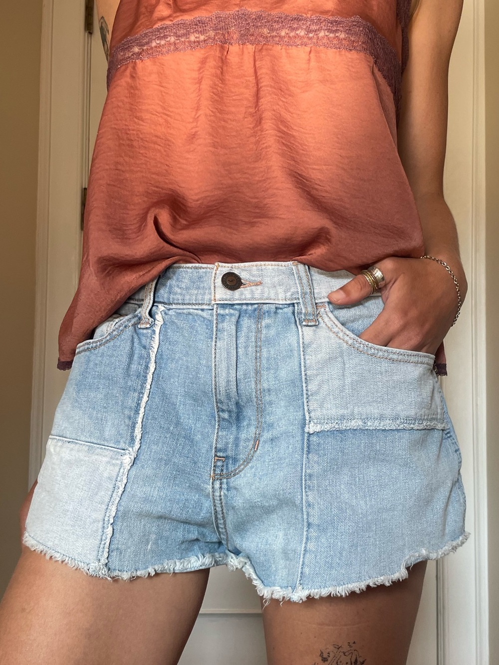 High-Waist Light Wash Patch Denim Cutoff Shorts